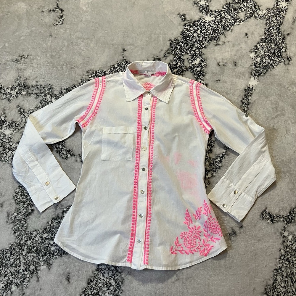 Subtle Luxury‎ Shirt Womens Size XS/S White Pink Embroidery Button Up Western